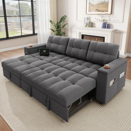 Sleeper Sofa,L-Shaped Sofa Bed with Storage Chaise & USB,Reversible Couch Sleeper with Pull Out Bed,4-Seat FabricConvertibleSofa