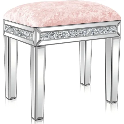 Mirrored Vanity Stool with Crushed Diamond Inlay Velvet Cushion 19.7'' Tall Stylish Makeup Chair for Bedroom, Vanity Chair